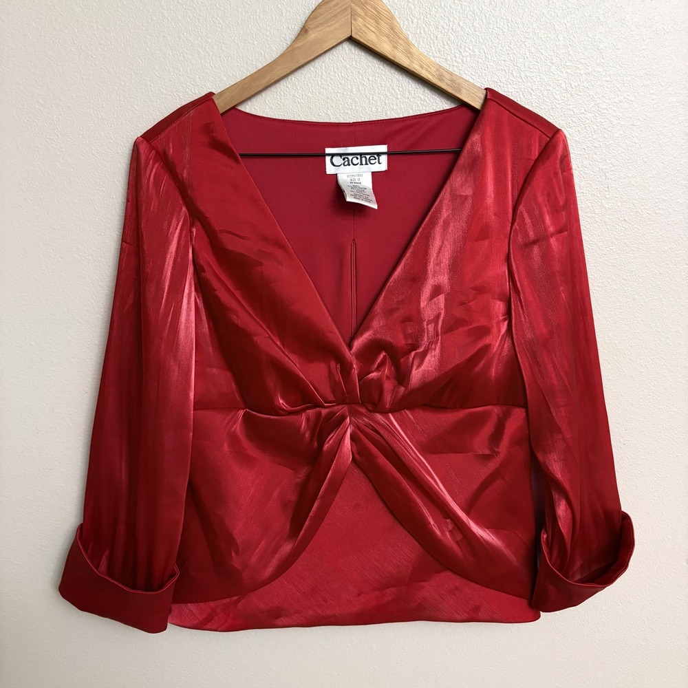 Cachet Blouse Size 12 Red Satin‎ Organza V-Neck Twist 3/4 Sleeve Evening Top